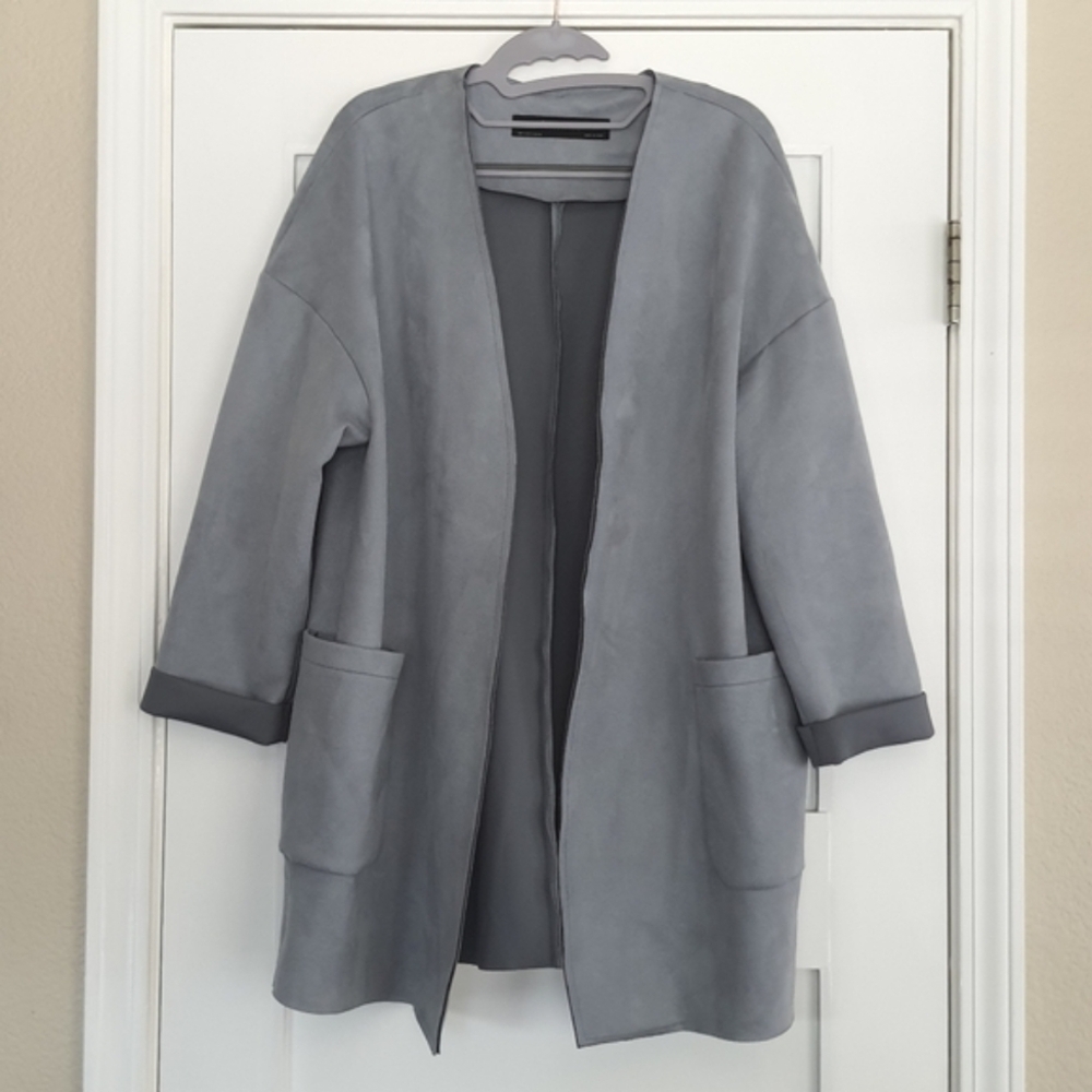 ZARA Blue Faux Suede Coat Womens Size S Drop Shoulder